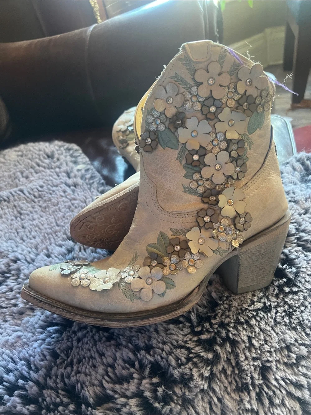 Corral Ivory Floral Embellished Western Ankle Boots